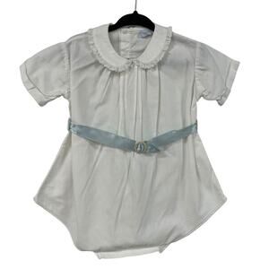 Vintage Tiny Tim Short Sleeve Collared Belted One Piece Bubble White Blue Boys 2